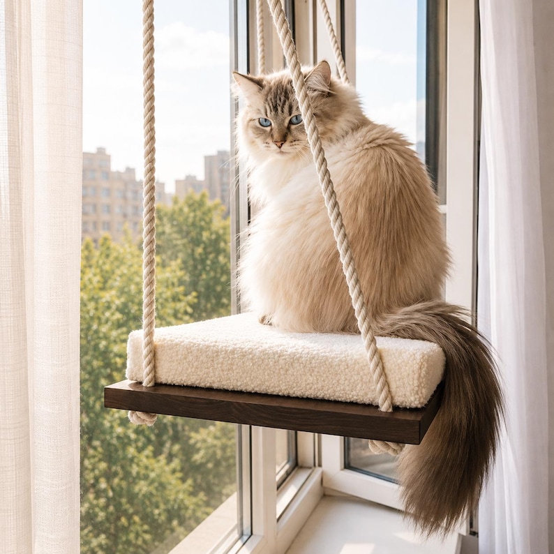 Cat Window Perch ''Italian walnut'', Cat hammock, 4 SIZES, Cat window bed, Wood cat shelves, Minimalistic pet furniture image 1