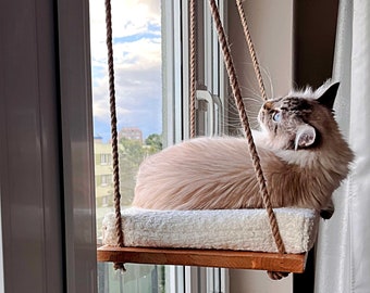 Cat Window Perch, Cat hammock, Light oak, Cat window bed, Wood cat shelves, Minimalistic pet furniture