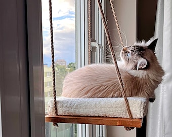 Cat Window Perch, Cat hammock, Light oak, Cat window bed, Wood cat shelves, Minimalistic pet furniture