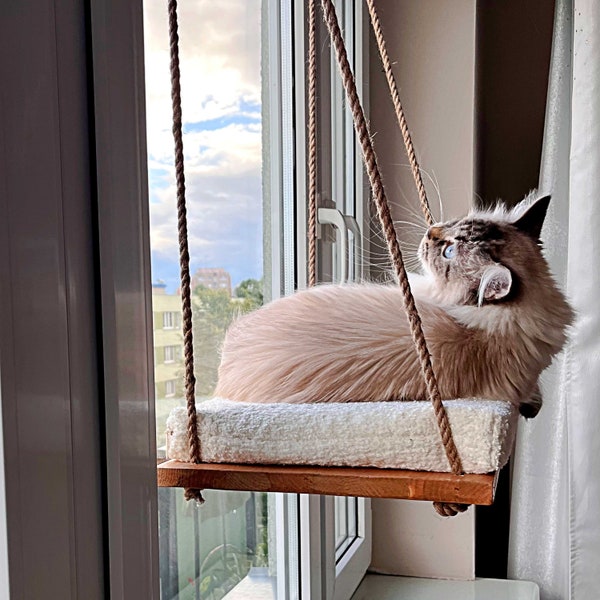 Cat Window Perch, Cat hammock, Light oak, Cat window bed, Wood cat shelves, Minimalistic pet furniture