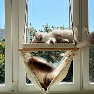 Cat Window Perch, Beige cat hammock, Cat shelves, Cat tree, Cat tower, Minimalistic pet furniture