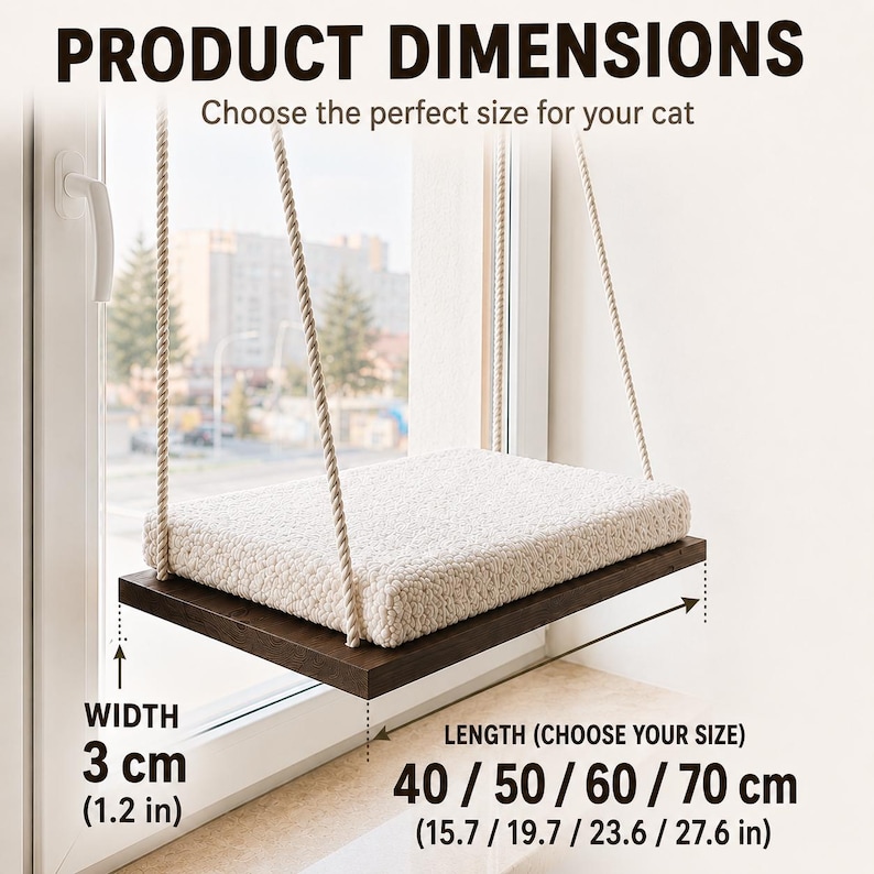Cat Window Perch ''Italian walnut'', Cat hammock, 4 SIZES, Cat window bed, Wood cat shelves, Minimalistic pet furniture image 5