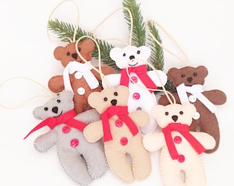 Bears felt, Christmas ornament, Set bears ornaments felt, Tree felt ornaments