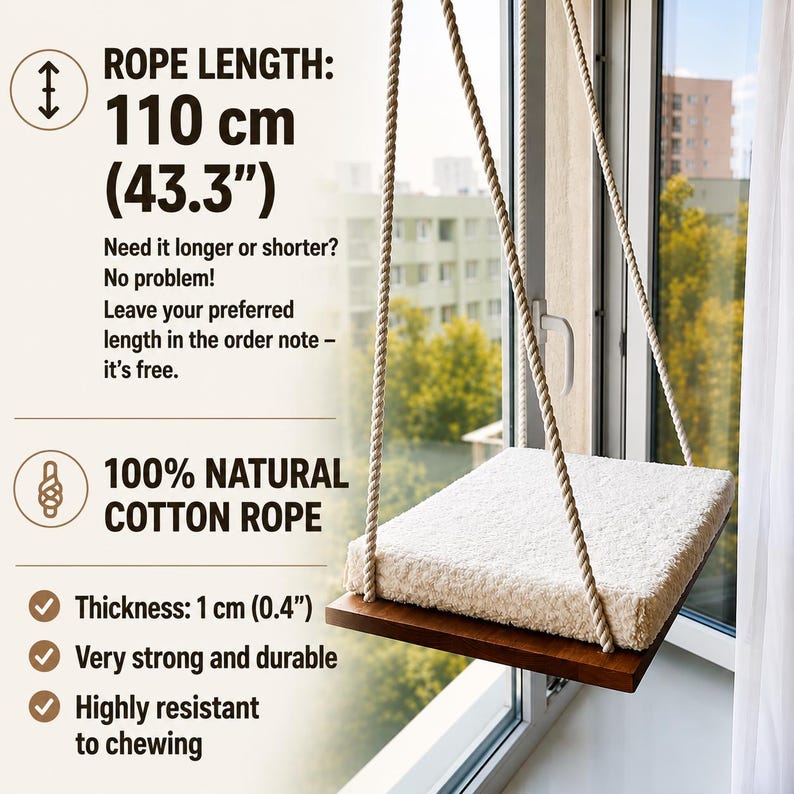 Cat Window Perch ''Italian walnut'', Cat hammock, 4 SIZES, Cat window bed, Wood cat shelves, Minimalistic pet furniture image 11