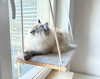 Poleiro de janela para gatos em pinho maciço, cama tipo rede sem furos, capa de carpete de pelo alto, borda resistente a arranhões, ideal para inquilinos.