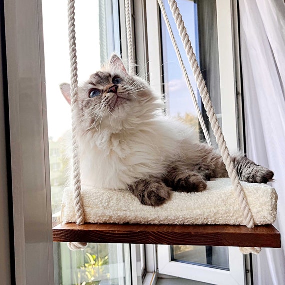 Cat Window Perch ''Italian walnut'',  Cat hammock, 4 SIZES, Cat window bed, Wood cat shelves, Minimalistic pet furniture