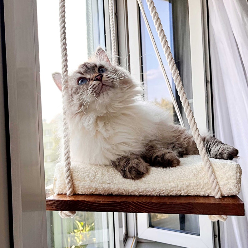 May include: A white and gray cat is lounging on a white, fluffy cat bed hanging from a window. The cat bed is suspended from a wooden frame with white ropes.