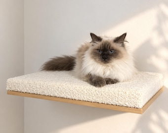 大型猫用壁掛け棚、60 x 40 cm、ブークレクッション付きフローティングパイン材猫用棚、大型猫用壁掛け家具