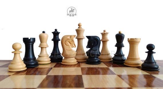 1950 Reproduced Dubrovnik Bobby Fischer Chessmen Version 3.0 in Ebony  Wood/Box Wood - 3.75 King