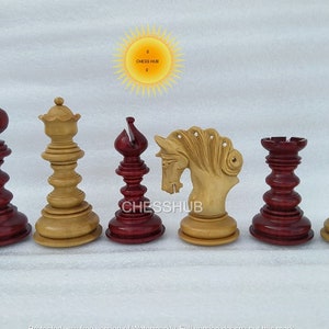 Old English Classic Chess Set Padauk & Boxwood Pieces with Elm Burl &  Erable Board & Box - 3.9 King