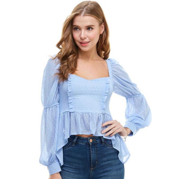 Light Blue Women's Blouse, Sky Blue Girls Blouse, Blue Chiffon Top, Long Sleeve Top, Ice Blue Cuffed Sleeve Top, Long Sleeve Peplum Top