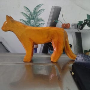 Wooden Mountain Lion Cougar abstract Panther Leopard tiger Puma Statue - Handmade Wooden Animal Toy in Waldorf style, length 6 inch, glossy