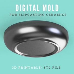 Puede incluir: Un molde digital para colada cerámica, en gris metálico. La imagen incluye el texto "DIGITAL MOLD FOR SLIPCASTING CERAMICS" y "3D PRINTABLE- STL FILE" sobre un fondo turquesa.