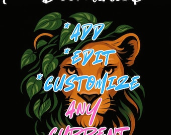 May include: Black background with a lion illustration. The lion is orange and brown with green leaves. Text in blue and pink reads "ADD, EDIT, CUSTOMIZE, ANY, CURRENT, LISTING". The logo "BeeMini3D" is in white.