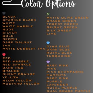 May include: A black graphic displaying a range of colour options, such as black, white, red, yellow, and various shades of green, blue, and purple. The text "Color Options" is at the top. The image also includes the text "Don't see your fav colour? Message us! We got you!" and "UPDATED 1.4.2026".