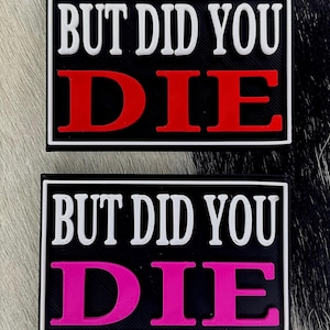 Peut inclure: Deux écussons rectangulaires avec le texte "BUT DID YOU DIE". L'un a un texte rouge, l'autre un texte rose. Le texte est en blanc et le fond est noir. Les écussons sont sur une surface à motifs noirs et blancs.