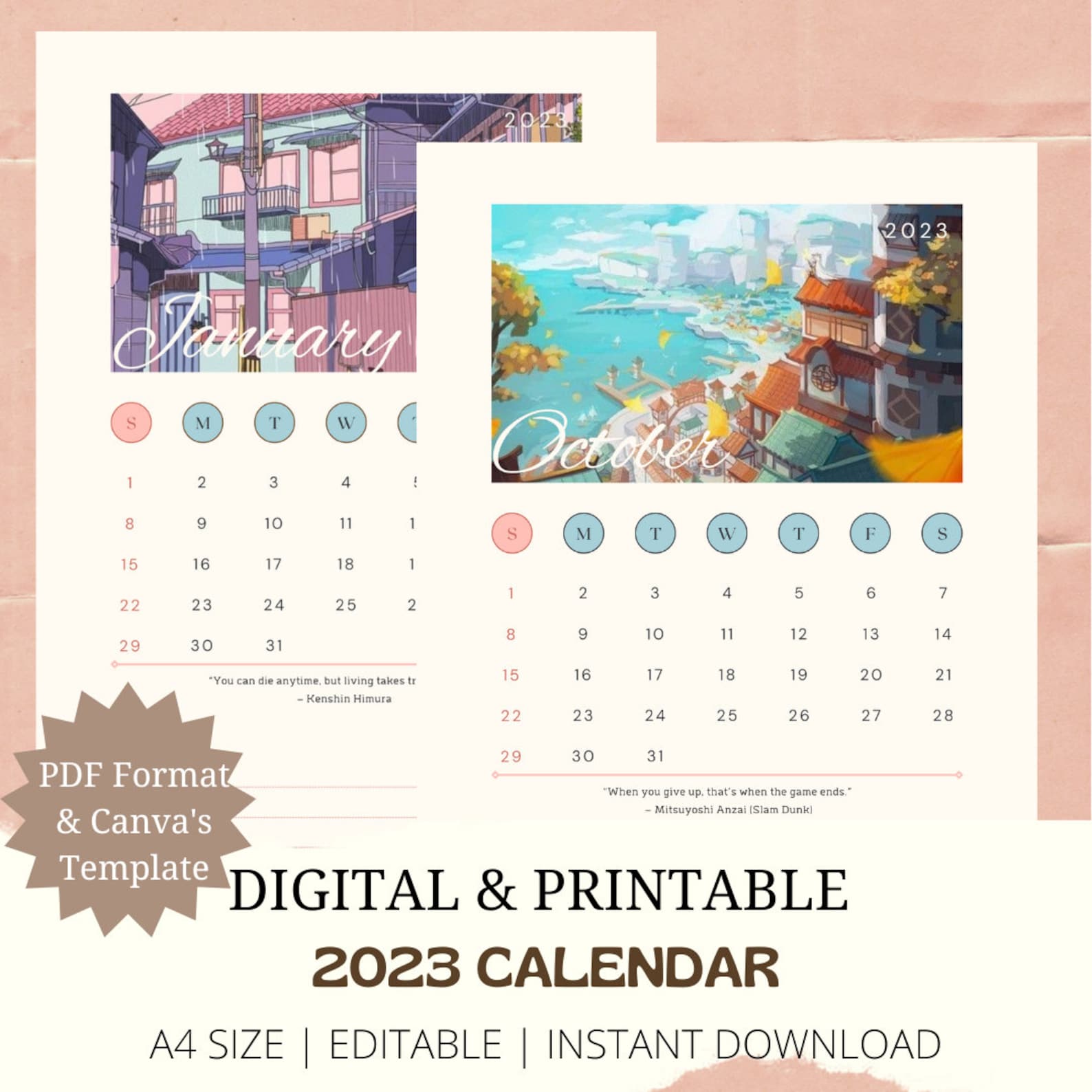 2023 Digital Printable Calendar Beige Yellow Anime Desk Etsy
