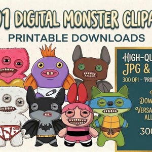 May include: A digital download graphic featuring 101 monster clipart images. The colorful, cartoonish monsters have various designs, including a bat, a turtle, and a creature with three eyes. The image also includes text that says "Printable Downloads."