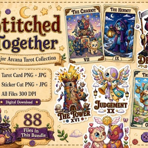 Puede incluir: Un paquete de descarga digital con diseños de cartas del tarot y archivos de corte de pegatinas. La obra de arte incluye ilustraciones caprichosas de cartas del tarot, osos de peluche y elementos celestiales. El texto "Stitched Together" se muestra de forma destacada.