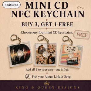 May include: Three square mini CD NFC keychains with metal rings. The left shows a sound wave graphic, the center features a collage of a couple and flowers, and the right displays a cassette tape graphic with the text CUSTOM MIXTAPE FOR YOU.