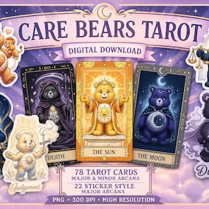 Può includere: Download digitale di carte e adesivi dei Tarocchi dei Care Bears. L'immagine presenta vari Care Bears in disegni di carte dei tarocchi, tra cui Il Sole e La Luna. Il testo include "78 Carte dei Tarocchi" e "100 file PNG di alta qualità."