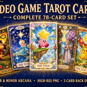 May include: A complete 78-card set of Video Game Tarot Cards featuring colorful illustrations of iconic characters. The cards display Strength, The Star, The Fool, The Lovers, and The Sun, with ornate gold borders and detailed fantasy landscapes.