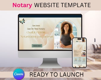 Könnte beinhalten: Ein Computerbildschirm-Mockup, das eine Website-Vorlage für einen Notardienst zeigt. Die Website zeigt ein Foto einer Frau mit dem Text "Lisa Jones, Lisa On-Time Notary, Quality Mobile Notarization you can trust." und einen Button mit der Aufschrift "Book Now". Der Bildschirm befindet sich auf einem Holztisch mit einem Smartphone-Mockup, das ein ähnliches Website-Design zeigt.