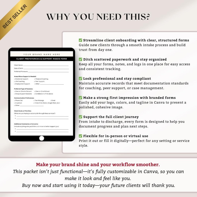 Peer Support Client Intake & Progress Packet | Editable Canva Forms for ...