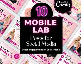 Może przedstawiać: Różowo-biały projekt graficzny z tekstem "10 Mobile Lab Posts for Social Media" i "Boost engagement on Social Media". Projekt zawiera samochód, kobietę i tekst "Lab-on-Wheel's Concierge".