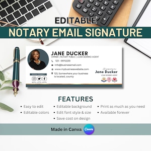 May include: Editable email signature template for a notary public or loan signing agent. The template features a grey and green background with a photo of a woman, contact information, and the text "Jane Ducker, Notary Public, Loan Signing Agent".