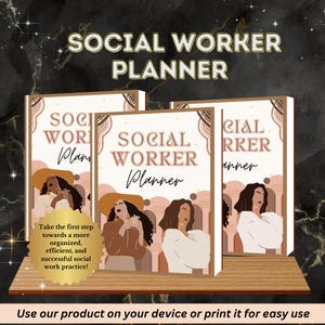 Könnte beinhalten: Drei braune und weiße Planer-Cover mit dem Text "Social Worker Planner" auf der Vorderseite. Jedes Cover zeigt eine andere Illustration einer Frau mit geometrischem Hintergrund.