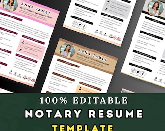 May include: A pink and gold resume template for a notary public or loan signing agent. The template features a professional headshot, contact information, experience, technical capabilities, training and certifications, and affiliations. The text "100% Editable Notary Resume Template" is displayed in large, bold letters.