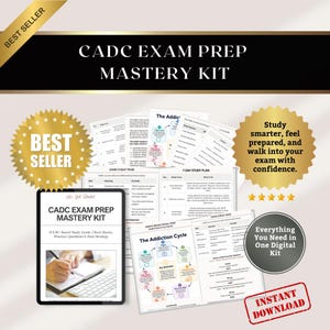 May include: A CADC Exam Prep Mastery Kit featuring multiple printed study guides, cheat sheets, and a 7-day study plan. The materials include an addiction cycle visual, OARS cheat pages, and practice questions. Includes a digital tablet display.