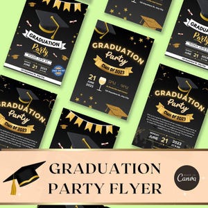 Könnte beinhalten: Ein schwarzer und goldener Flyer für eine Abschlussfeier mit einer schwarzen Abschluss-Kappe und goldenen Sternen. Der Flyer lautet "Graduation Party" und "Class of 2023".