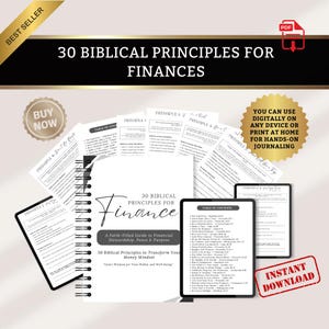 May include: A digital guide titled "30 Biblical Principles for Finances" with a spiral-bound notebook, tablets, and loose pages. The cover reads "Finance" with the text "A Faith-Filled Guide to Financial Stewardship, Peace & Purpose". Includes "Instant Download" and "Buy Now" badges.