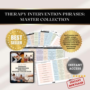 May include: A digital product titled "Therapy Intervention Phrases: Master Collection" with the text "Best Seller." The image includes a tablet displaying the product and several pages with therapy phrases. The product promises over 1,000 HIPAA-compliant intervention phrases.