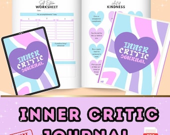 May include: A printable digital download of an inner critic journal with a pink, blue, and purple swirl design. The journal includes a self-esteem worksheet and a list of acts of kindness. The text "Inner Critic Journal" is written in a pink and black font.