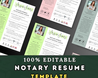May include: A green and pink template for a notary public loan signing agent resume. The template includes a headshot, contact information, experience snapshot, trainings and certifications, affiliations, technical capabilities, and a social connect section. The text "100% Editable Notary Resume Template" is displayed in large, bold letters.