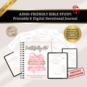 Puede incluir: Un diario devocional digital e imprimible titulado "ADHD-Friendly Bible Study". La portada presenta una pila de libros atados con un lazo rosa, con las palabras "Faithfully Me" y "Gentle Bible Moments for Anxious Hearts". Incluye tabletas digitales y páginas impresas.