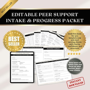 May include: A digital product image featuring a black and white editable peer support intake and progress packet. The image includes forms, a tablet, and text that reads "Best Seller" and "Instant Download". A gold starburst graphic is also present.