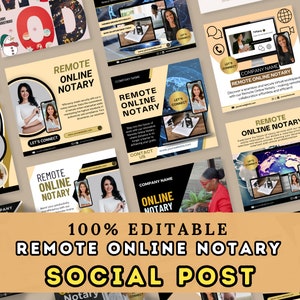 Puede incluir: Un collage de publicaciones en redes sociales que promocionan servicios de notaría en línea remota. Las publicaciones presentan imágenes de personas en videollamadas, texto que dice "Notaría en línea remota" y la frase "Conectémonos".