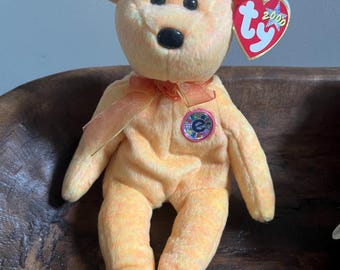 ORIGINALE Ty Beanie Babies vintage anni 2000 SUNNY l'orso con etichette Raro Speciale Pesca