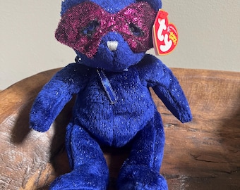 ORIGINALE Ty Beanie Babies vintage anni 2000 MARDI GRAS l'orso con etichette Maschera speciale rara viola