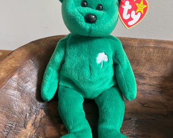 ORIGINALE Ty Beanie Babies vintage anni '90 ERIN l'ORSO con etichette Raro trifoglio verde irlandese 1999 1a generazione