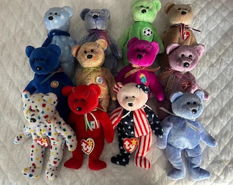 Lot of 12 Bears 1990s Vintage TY Beanie Babies, missing tags Osito Germania