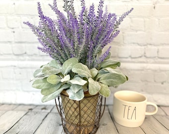 Lavender Centerpiece Arrangement with Lambs Ear, Artificial Lavender in Clay Pot, Farmhouse Decor