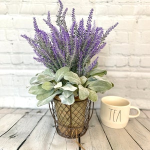 Rustic Floral Arrangement, Faux Lavender & Lambs Ear in Clay Pot with Metal Basket, Farmhouse Flower Arrangement, Mother&#39;s Day Gift
