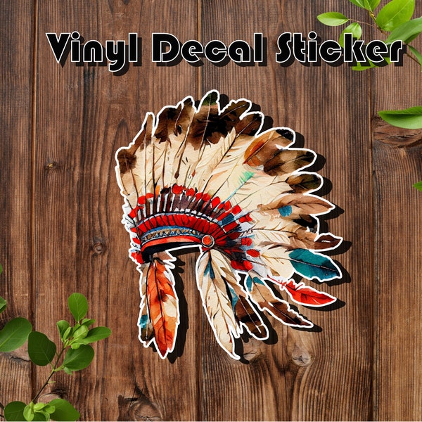 Native American Indian Hat Feather Headdress - Vinyl Die-Cut Premium Decal Sticker - POW WOW - Cree - Warrior - Navajo