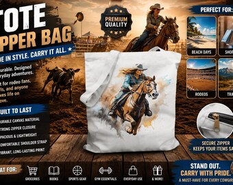 Rodeo Barrel Racing Tote Bag – Horse Riding Canvas Zipper Tote