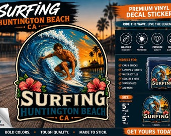 Sticker autocollant de surf Huntington Beach CA | Surf en Californie | Refroidisseur de bouteille d'eau pour ordinateur portable pour voiture